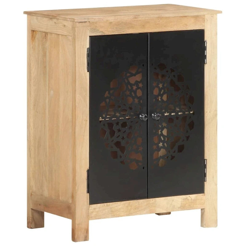 Rustikales Sideboard aus massivem Mangoholz in Braun mit dekorativen schwarzen Eisentüren