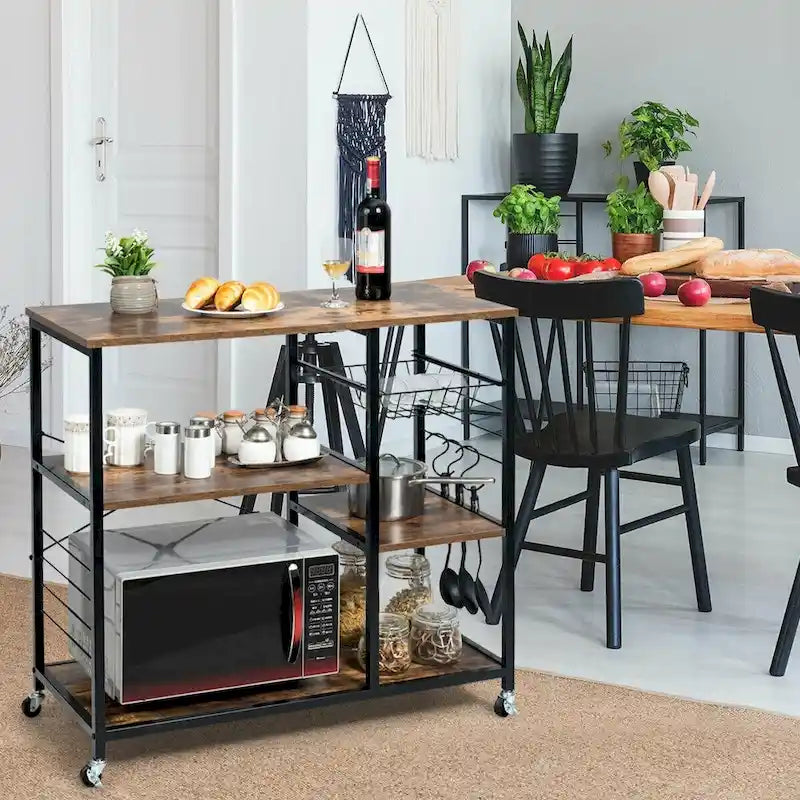 Industrielles Küchenregal mit 3 Ebenen, Rollen und Rädern, braun
