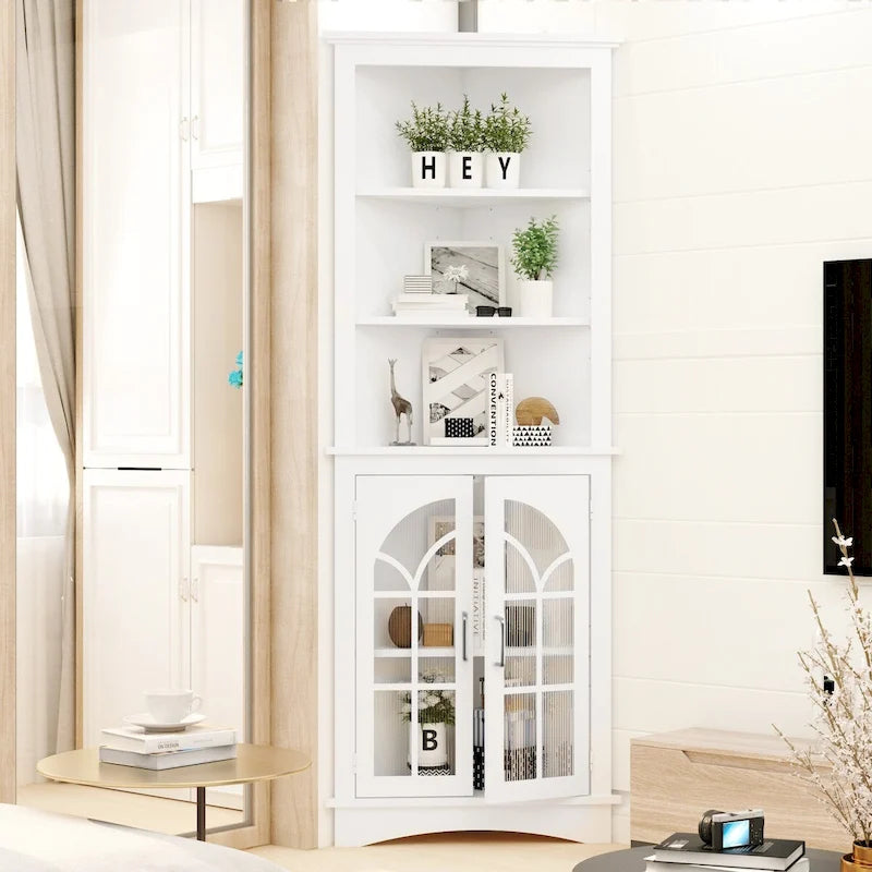Vitrina de esquina alta con estantes ajustables y puertas de vidrio, blanca