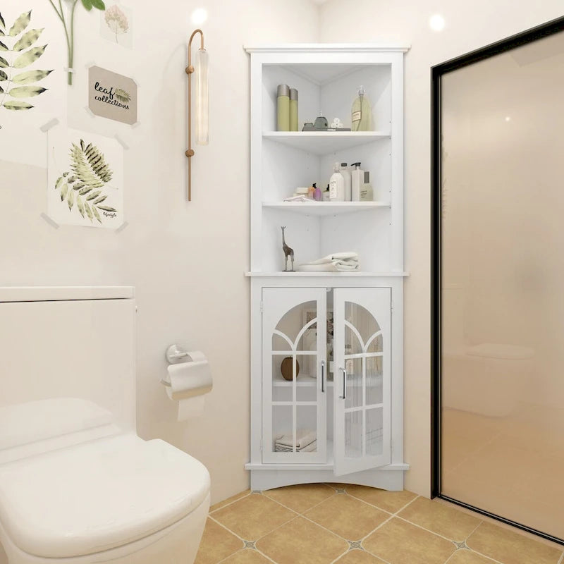 Vitrina de esquina alta con estantes ajustables y puertas de vidrio, blanca