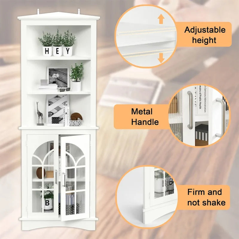 Vitrina de esquina alta con estantes ajustables y puertas de vidrio, blanca