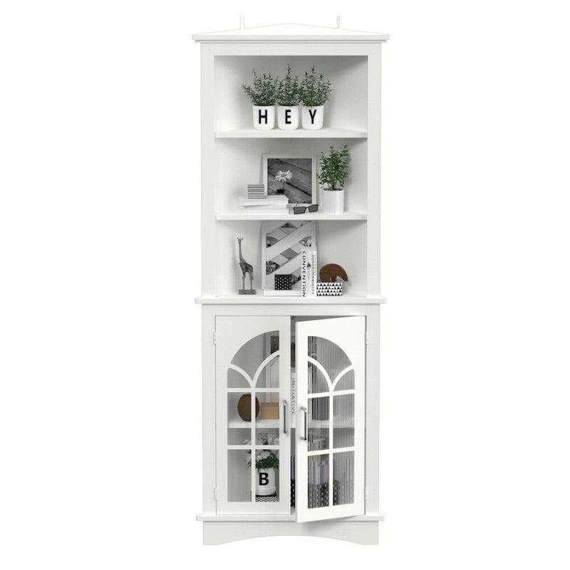 Vitrina de esquina alta con estantes ajustables y puertas de vidrio, blanca