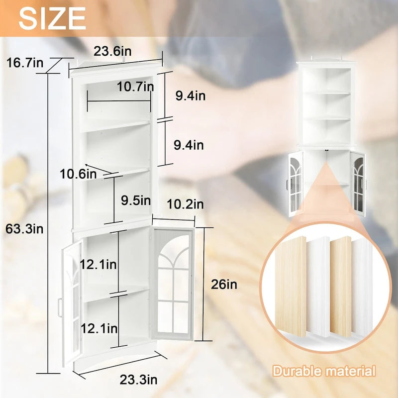 Vitrina de esquina alta con estantes ajustables y puertas de vidrio, blanca