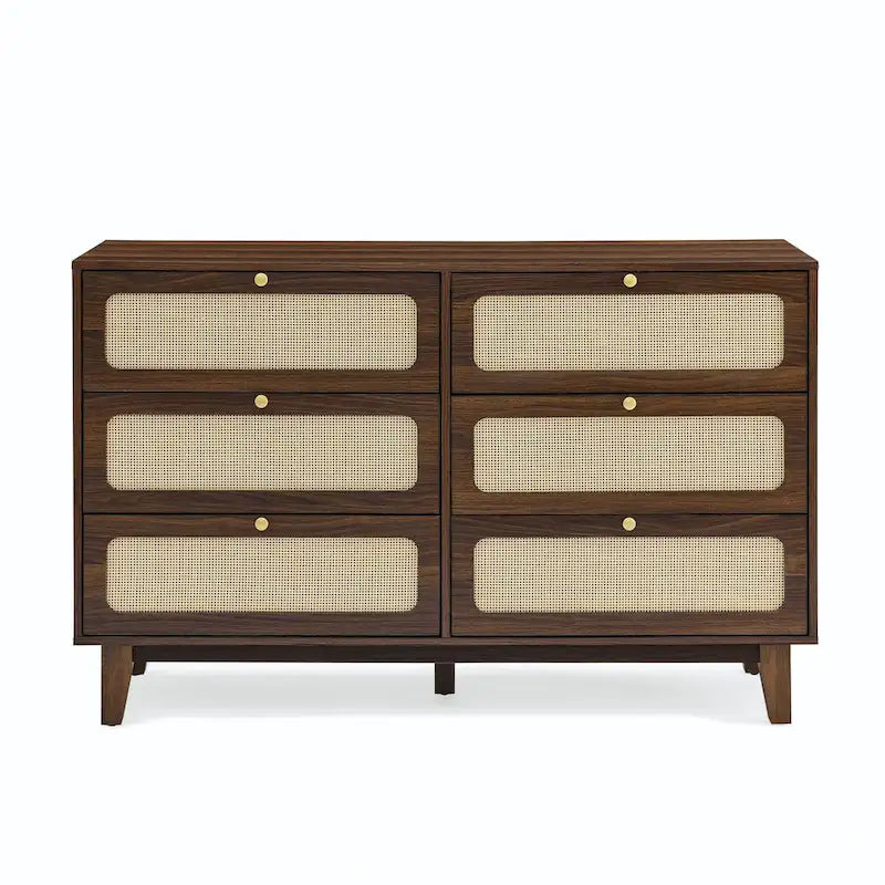 Kommode mit sechs Schubladen und Rattanfronten, schwarzem Holzrahmen, Schlafzimmerschrank