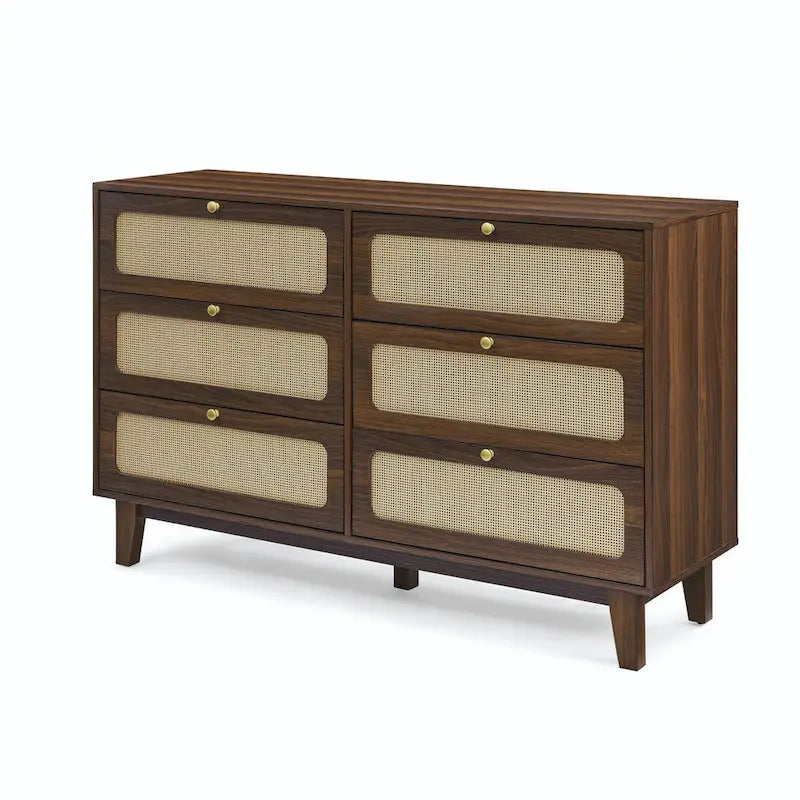 Kommode mit sechs Schubladen und Rattanfronten, schwarzem Holzrahmen, Schlafzimmerschrank