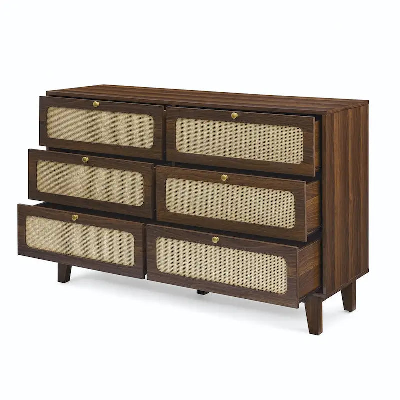 Kommode mit sechs Schubladen und Rattanfronten, schwarzem Holzrahmen, Schlafzimmerschrank