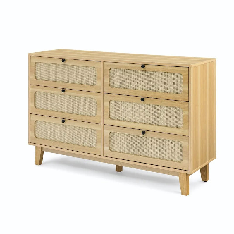 Kommode mit sechs Schubladen und Rattanfronten, schwarzem Holzrahmen, Schlafzimmerschrank