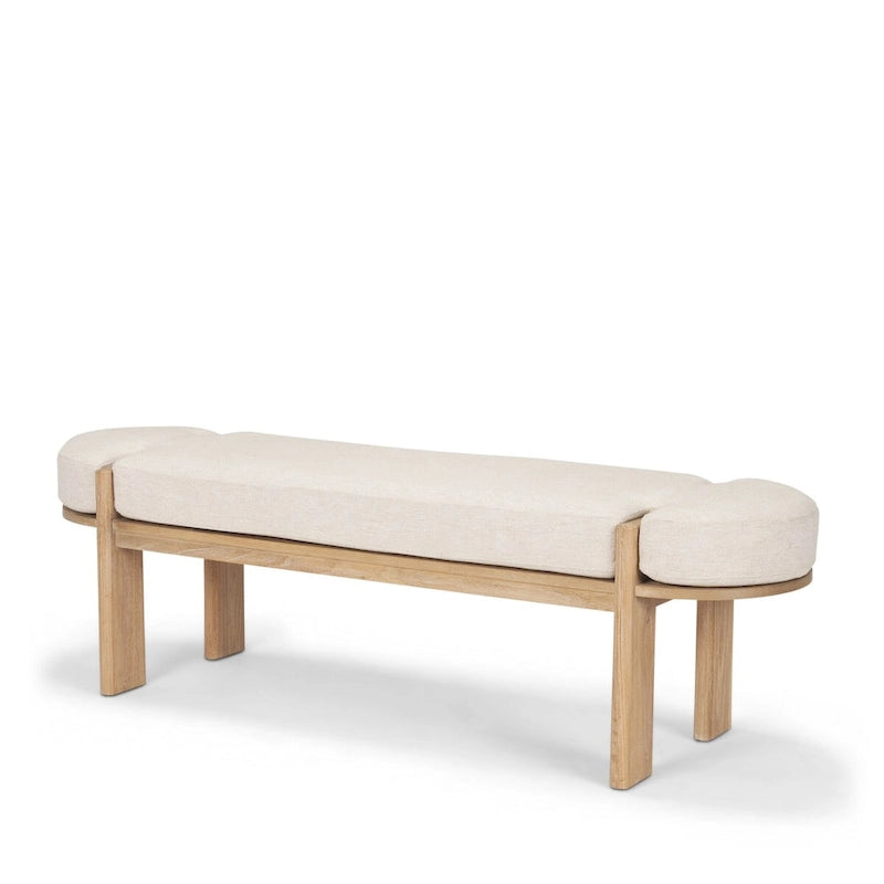 Banc en bois d'orme brun clair avec assise rembourrée en tissu couleur avoine