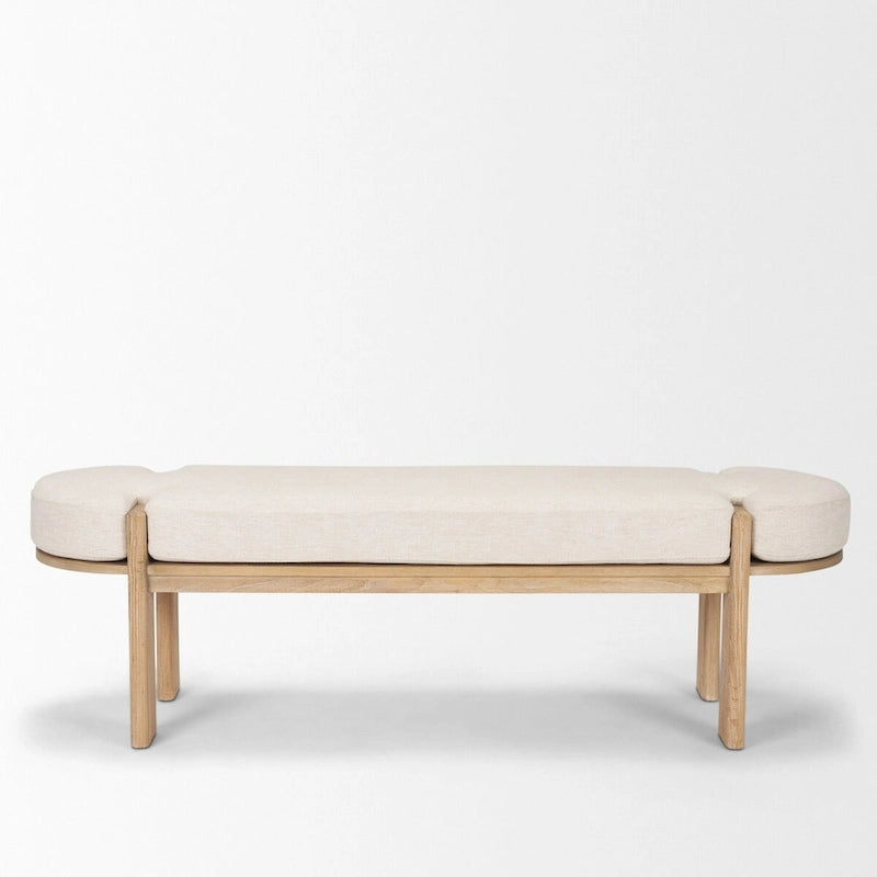 Banc en bois d'orme brun clair avec assise rembourrée en tissu couleur avoine