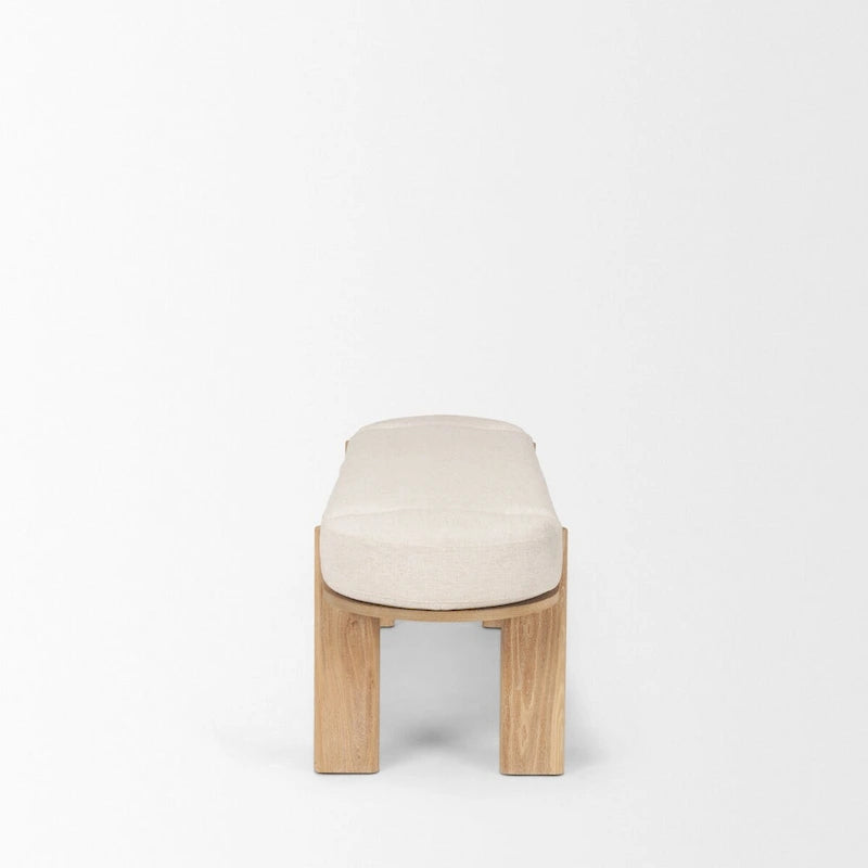 Banc en bois d'orme brun clair avec assise rembourrée en tissu couleur avoine