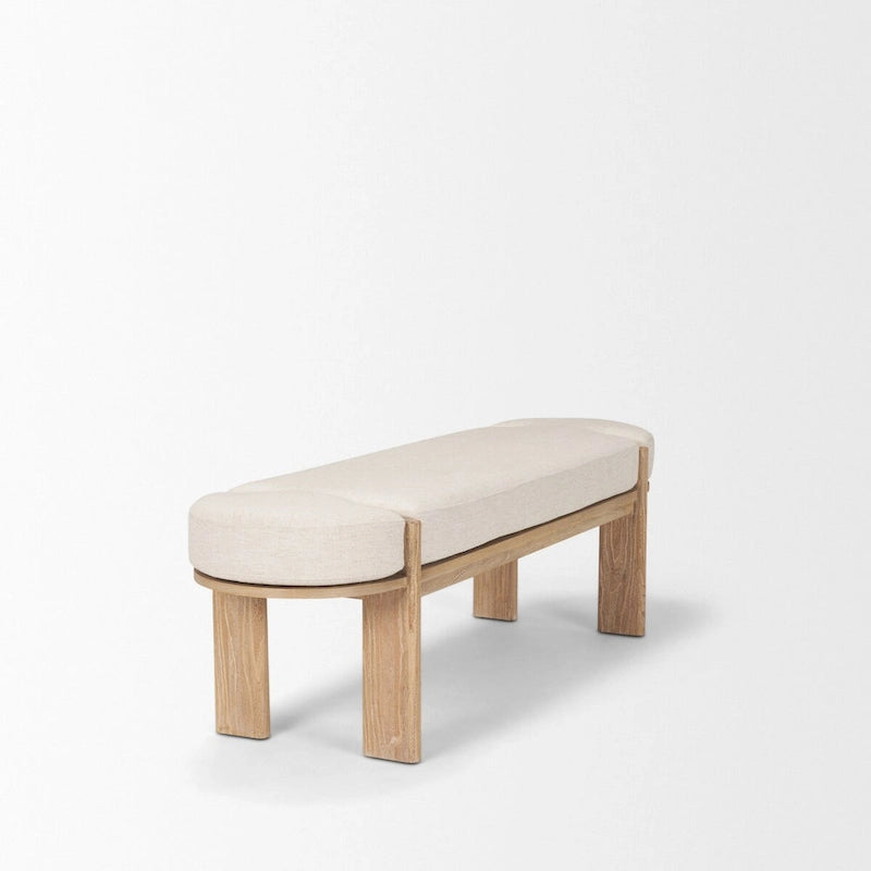 Banc en bois d'orme brun clair avec assise rembourrée en tissu couleur avoine