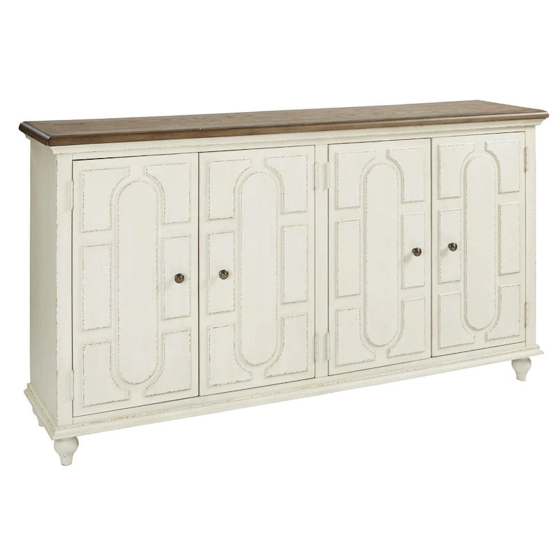 Akzentschrank mit 4 Türen, antikweiß, brauner Oberseite und geschnitzter Platte, Cottage-Sideboard