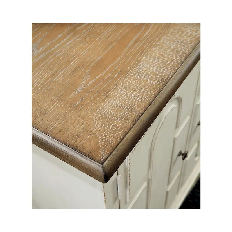 Akzentschrank mit 4 Türen, antikweiß, brauner Oberseite und geschnitzter Platte, Cottage-Sideboard