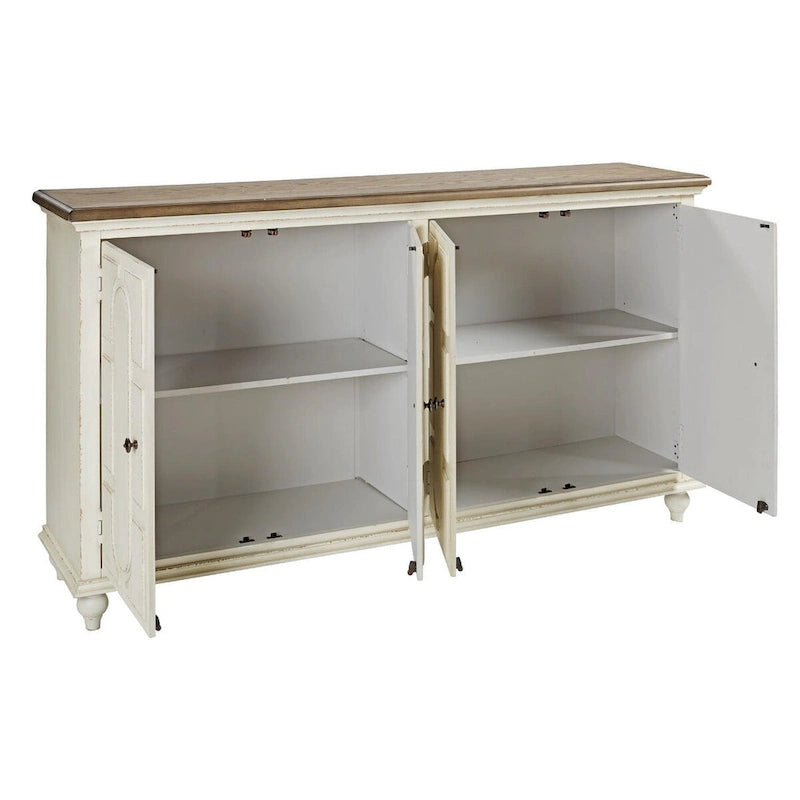 Akzentschrank mit 4 Türen, antikweiß, brauner Oberseite und geschnitzter Platte, Cottage-Sideboard