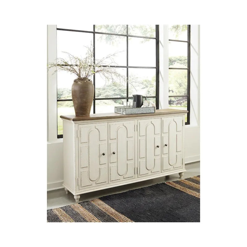 Akzentschrank mit 4 Türen, antikweiß, brauner Oberseite und geschnitzter Platte, Cottage-Sideboard