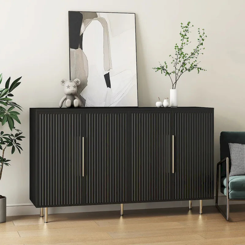 Sideboard mit geriffelter Front, Buffet-Schrank mit verstellbaren Regalböden, Schwarz und Weiß