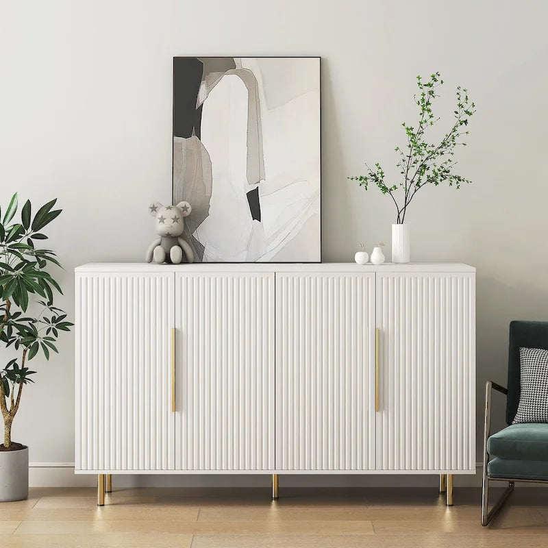 Sideboard mit geriffelter Front, Buffet-Schrank mit verstellbaren Regalböden, Schwarz und Weiß