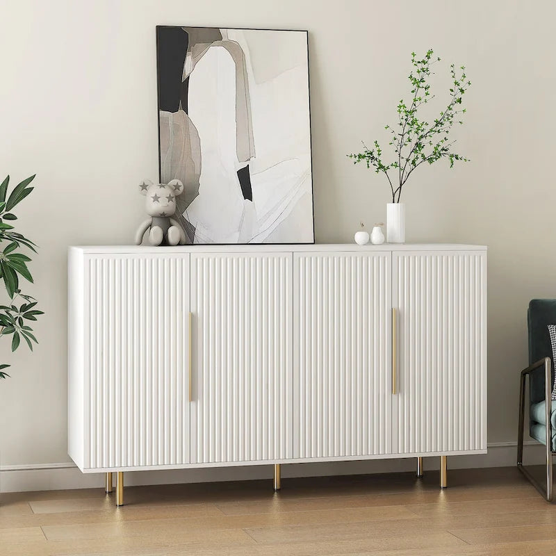 Sideboard mit geriffelter Front, Buffet-Schrank mit verstellbaren Regalböden, Schwarz und Weiß