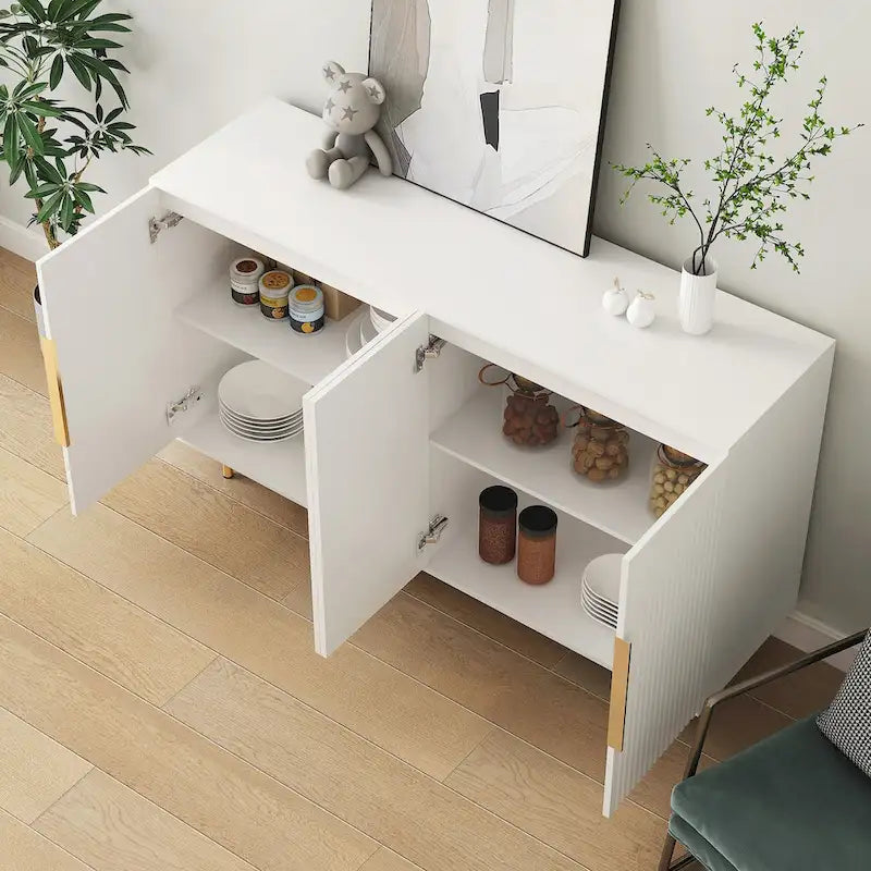 Sideboard mit geriffelter Front, Buffet-Schrank mit verstellbaren Regalböden, Schwarz und Weiß