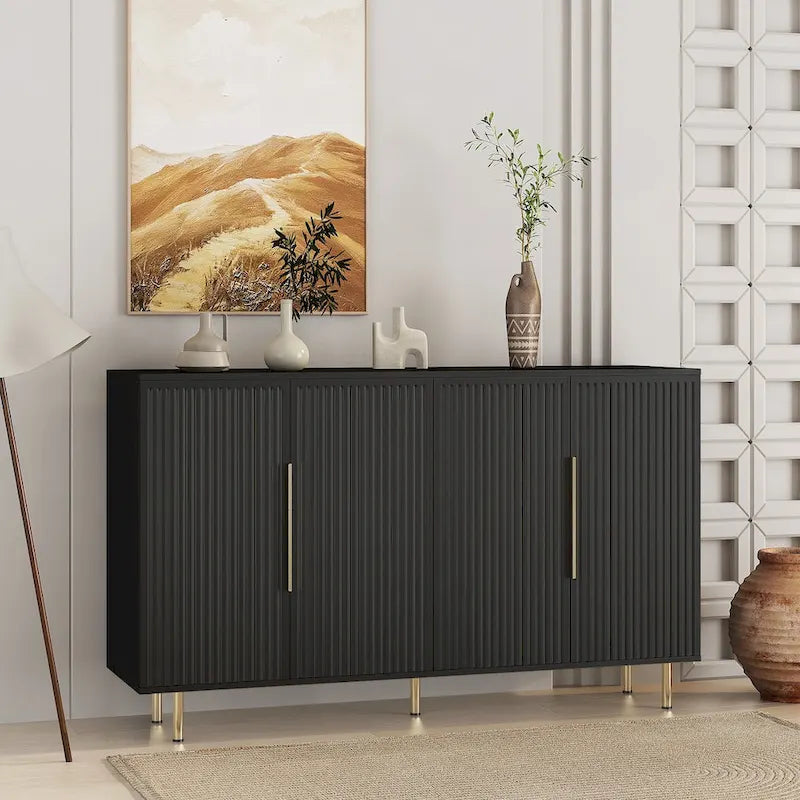 Sideboard mit geriffelter Front, Buffet-Schrank mit verstellbaren Regalböden, Schwarz und Weiß