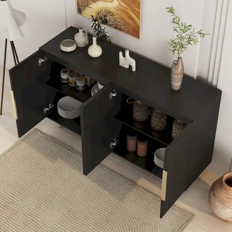Sideboard mit geriffelter Front, Buffet-Schrank mit verstellbaren Regalböden, Schwarz und Weiß