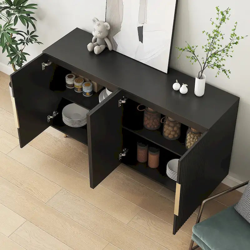 Sideboard mit geriffelter Front, Buffet-Schrank mit verstellbaren Regalböden, Schwarz und Weiß