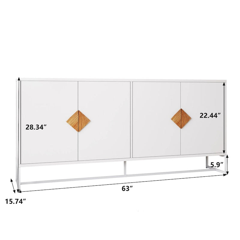 Buffet blanc à 4 portes avec poignées dorées en forme de losange et pieds métalliques