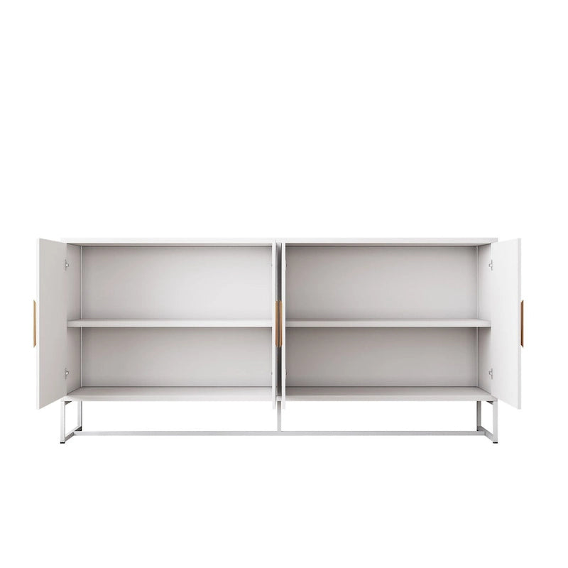 Buffet blanc à 4 portes avec poignées dorées en forme de losange et pieds métalliques