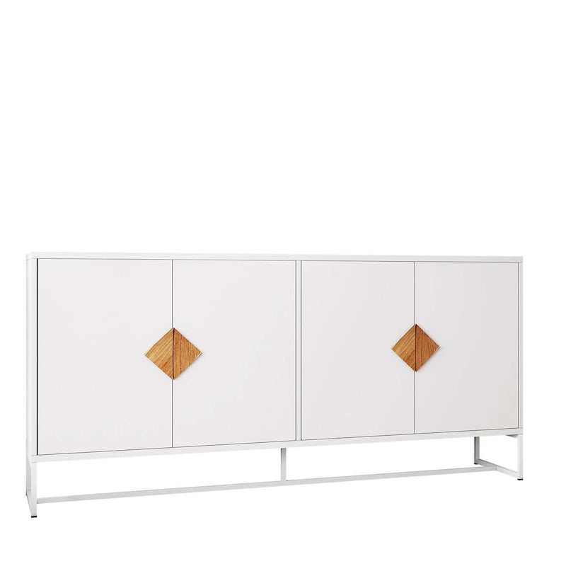 Buffet blanc à 4 portes avec poignées dorées en forme de losange et pieds métalliques