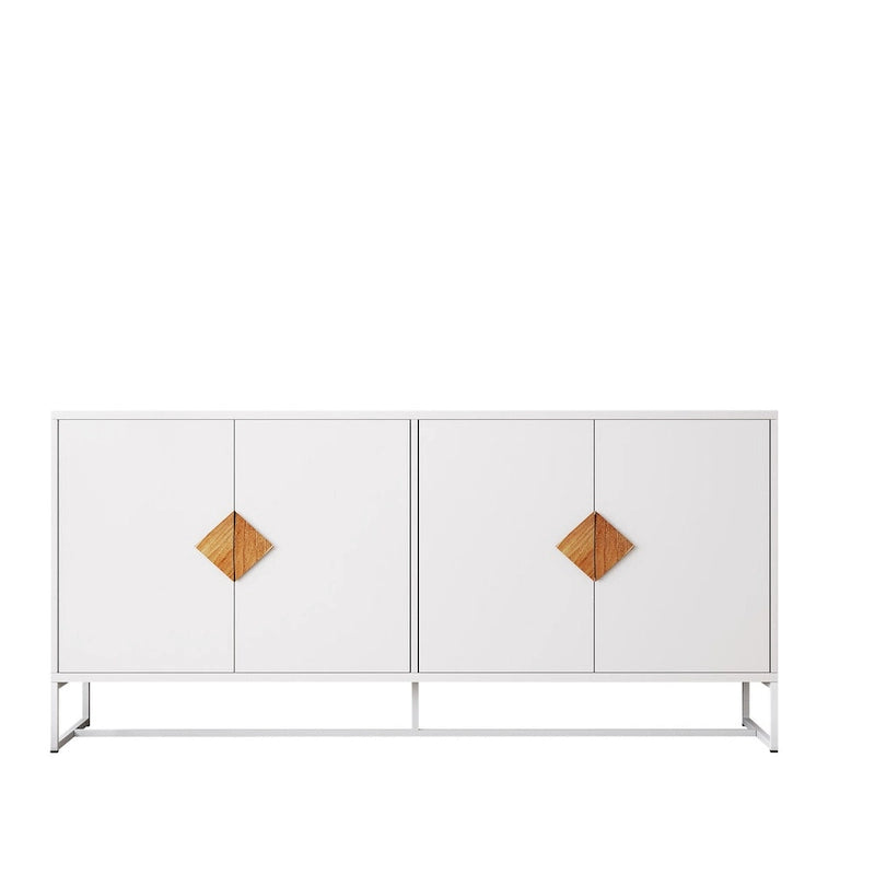 Buffet blanc à 4 portes avec poignées dorées en forme de losange et pieds métalliques