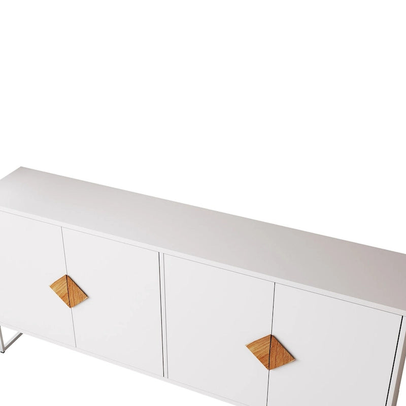 Buffet blanc à 4 portes avec poignées dorées en forme de losange et pieds métalliques