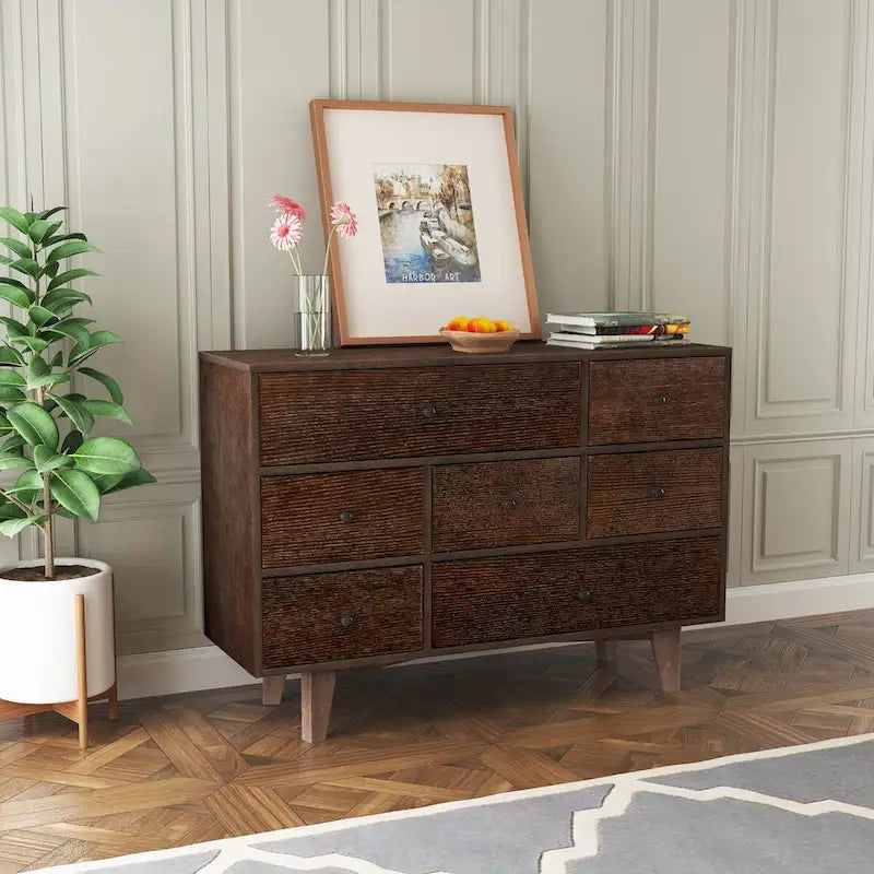 Kommode aus Massivholz mit 7 Schubladen, Buffet-, Konsolen- und Schranktisch in brauner Walnussoptik