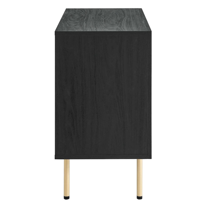 Schwarzer Akzentschrank mit Rattantür, goldfarbenen Metallbeinen und Stauraum