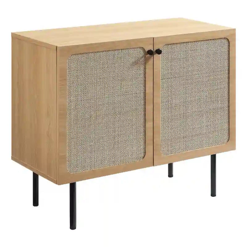 Schwarzer Akzentschrank mit Rattantür, goldfarbenen Metallbeinen und Stauraum