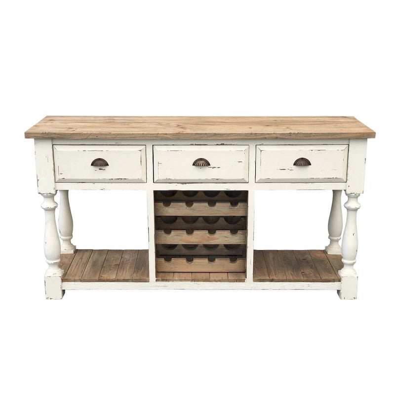 Weißer Konsolentisch im Landhausstil mit Kreidefinish und Weinregal