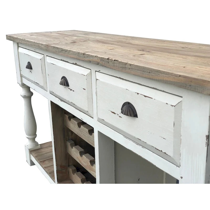 Weißer Konsolentisch im Landhausstil mit Kreidefinish und Weinregal