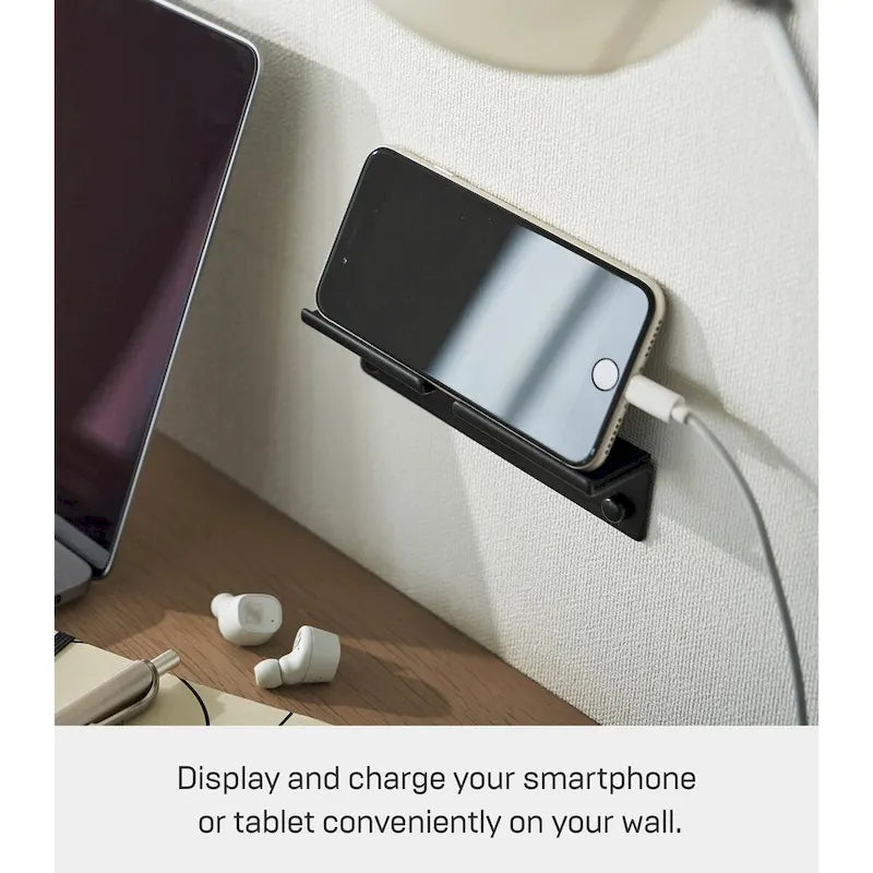 Wandmontierter Telefonhalter aus Stahl mit Ladestation und Schreibtisch-Organizer, Schwarz und Weiß