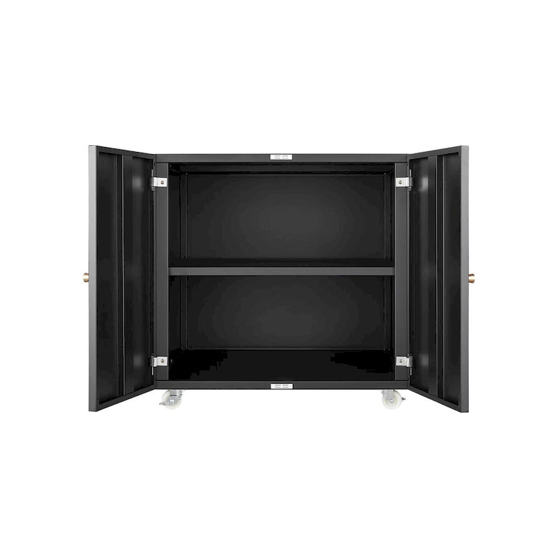 Archivador metálico negro móvil de dos puertas con ruedas
