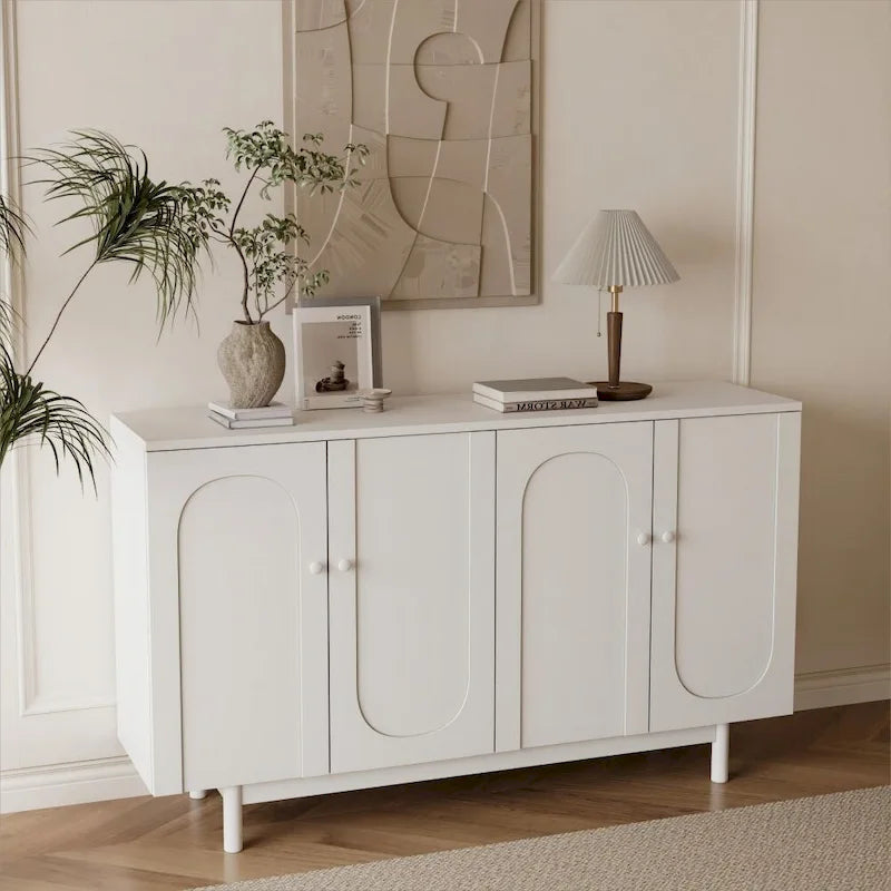 White 4-Door Arched Intaglio Storage Cabinet with Solid Wood Pulls
