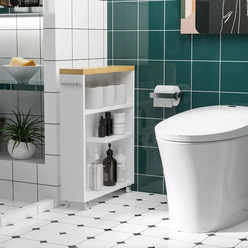Armario estrecho rodante de almacenamiento para baño, con ruedas, de madera blanca