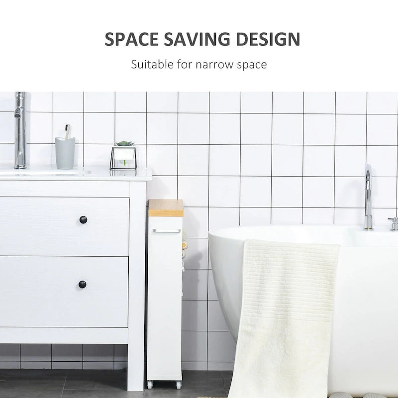Armario estrecho rodante de almacenamiento para baño, con ruedas, de madera blanca