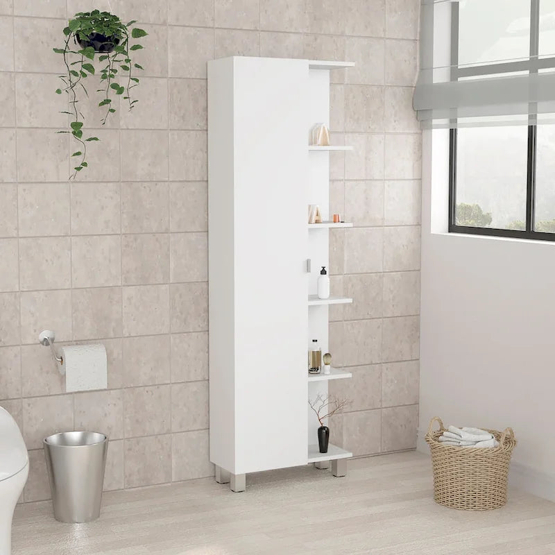 White Corner Linen Cabinet with Single Door and Open Shelves