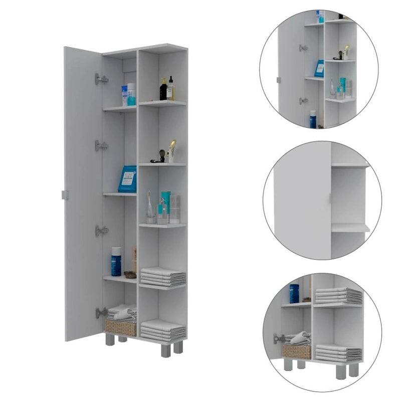 White Corner Linen Cabinet with Single Door and Open Shelves