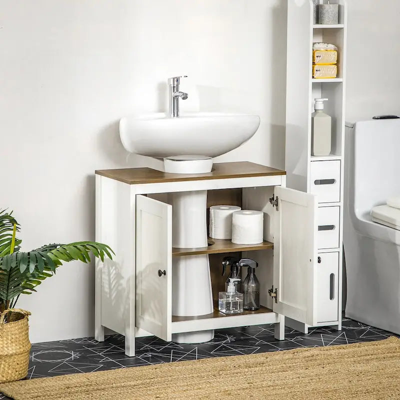 Waschbecken-Unterschrank fürs Badezimmer, Weiß und Walnuss, mit zwei Türen und verstellbarem Einlegeboden