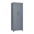 Mueble de almacenamiento de acero gris con cerradura y organizador para escobas y herramientas