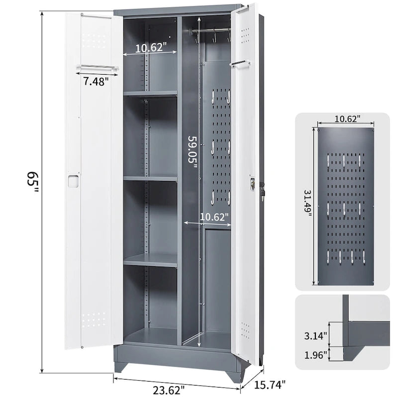 Mueble de almacenamiento de acero gris con cerradura y organizador para escobas y herramientas