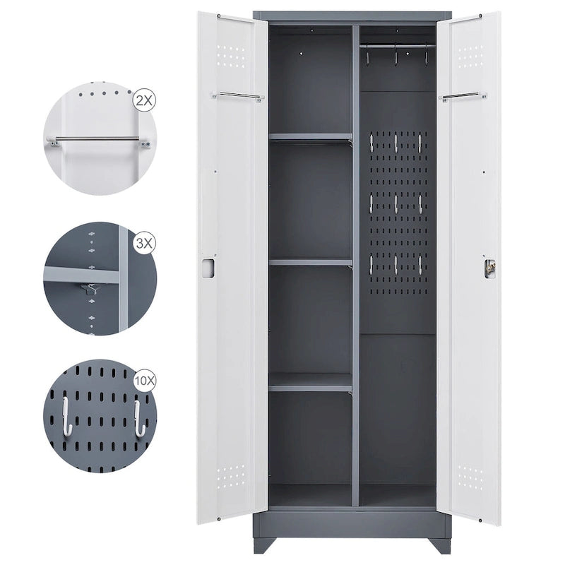 Mueble de almacenamiento de acero gris con cerradura y organizador para escobas y herramientas