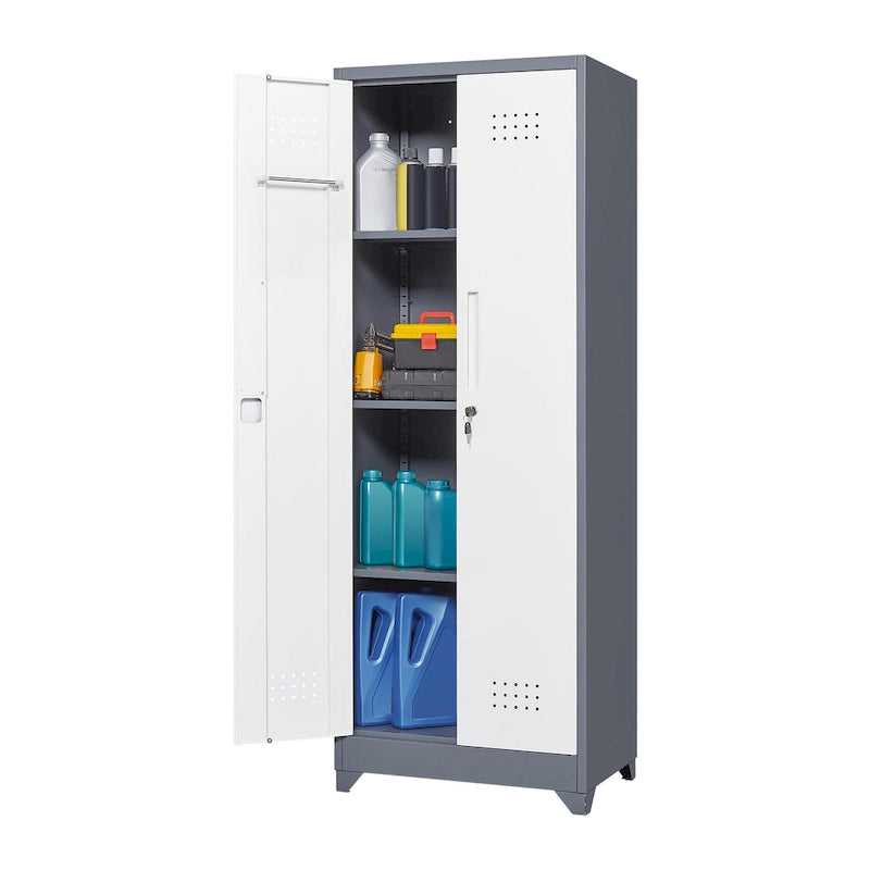 Mueble de almacenamiento de acero gris con cerradura y organizador para escobas y herramientas