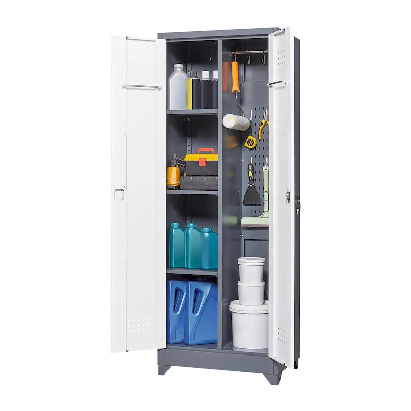 Mueble de almacenamiento de acero gris con cerradura y organizador para escobas y herramientas