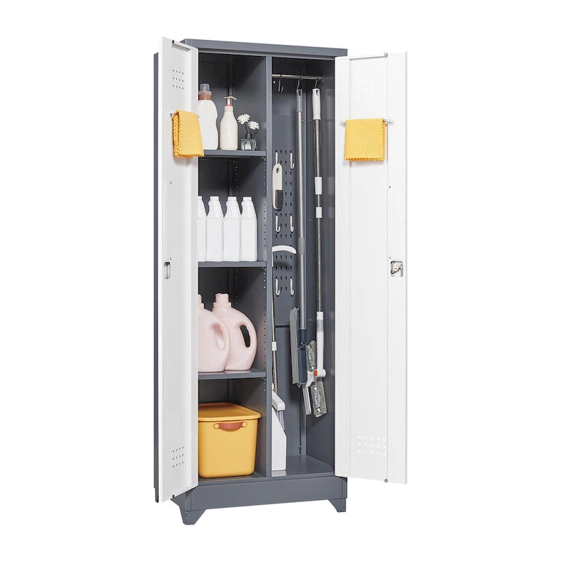 Mueble de almacenamiento de acero gris con cerradura y organizador para escobas y herramientas